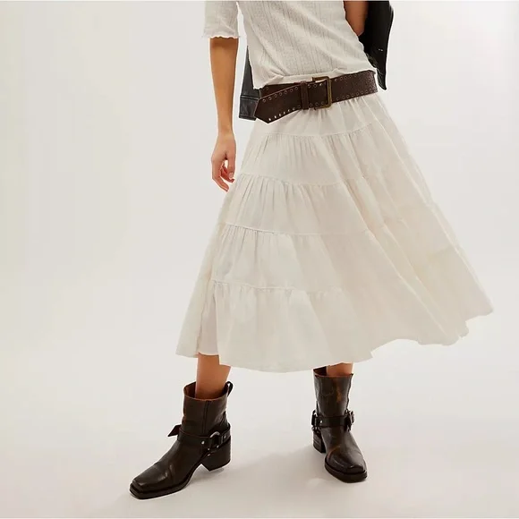 Free People In Full Swing Midi Skirt Tiered Peasant Ivory White Cotton NEW Small - Picture 5 of 13